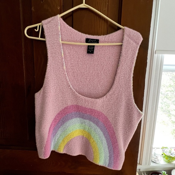 Hot Topic Tops - Hot Topic Pink Fuzzy Crop Tank with Rainbow